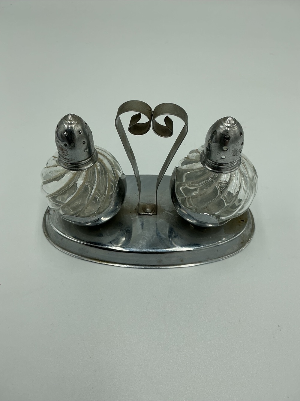 Vintage Silver Tone Clear Glass Mini Salt and Pepper Shakers On Silver Tone Tray - Picture 2 of 11